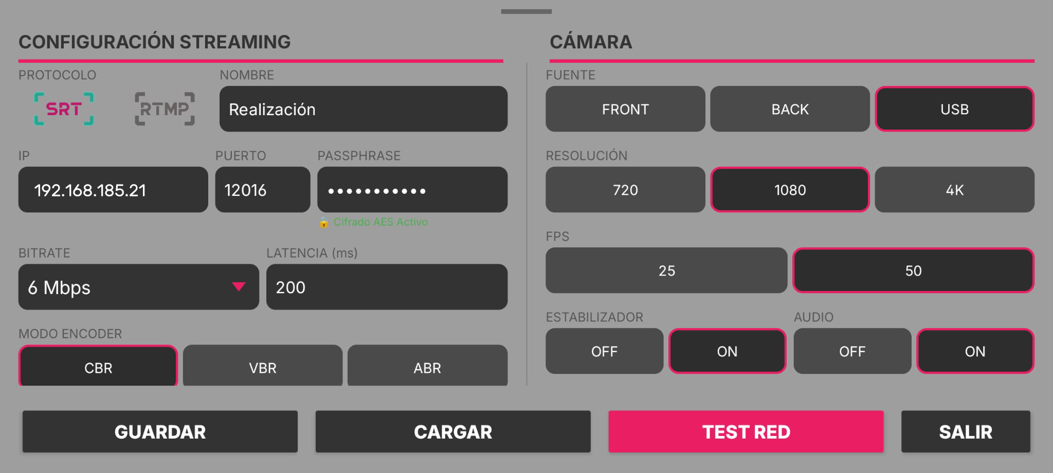 Pantalla de configuración SRT Link Pro